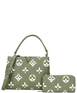 2 In1 Print v Design Handle Bag with Wallet Set DH-9110-W GREEN